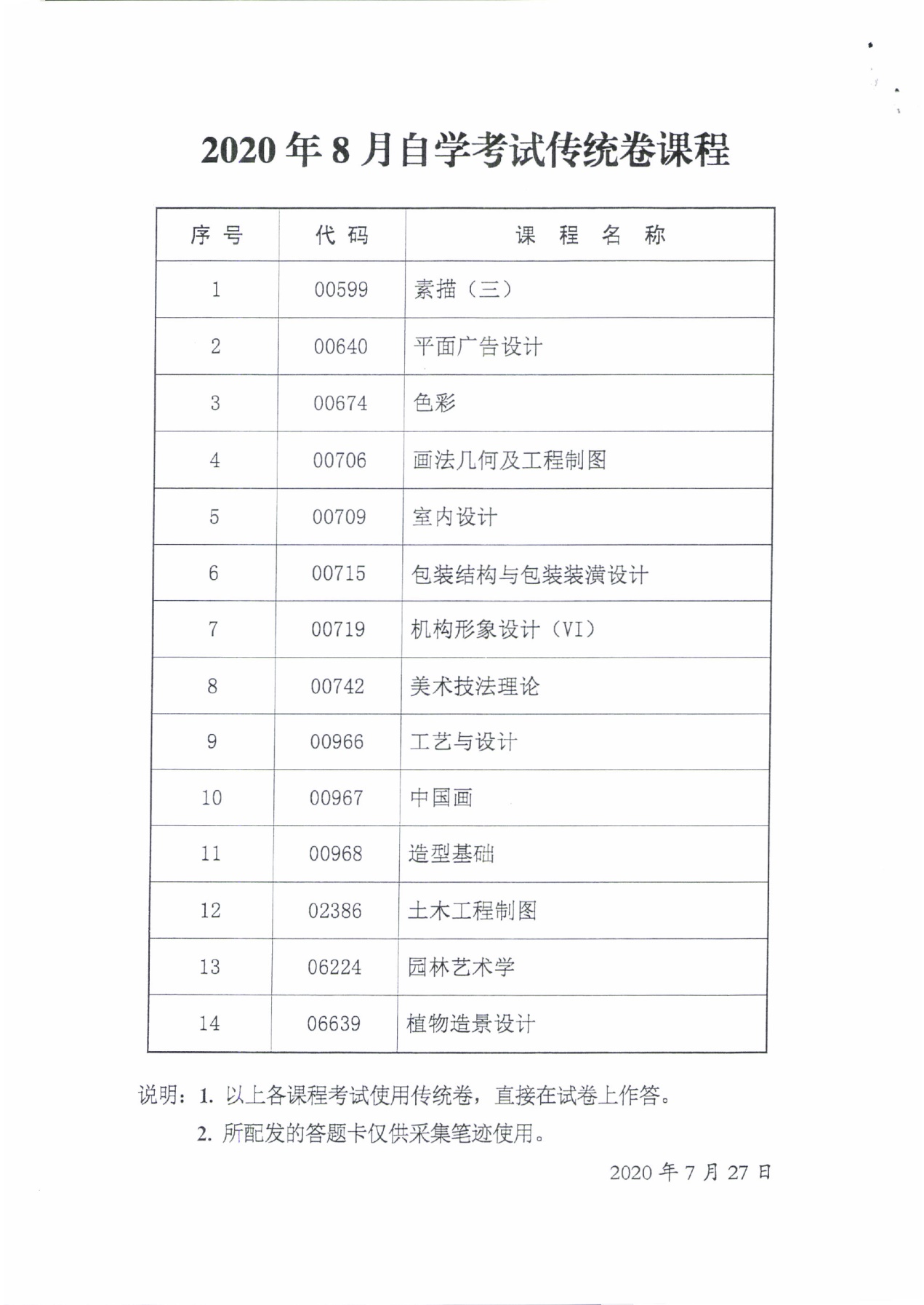 2020年8月自學(xué)考試專用答題卡課程 傳統(tǒng)卷課程信息